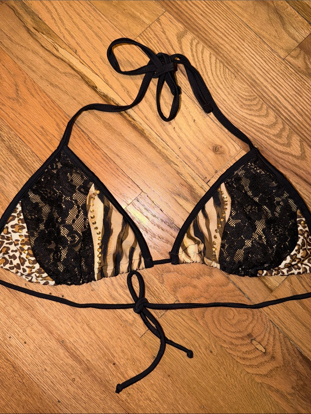 Guess Vintage Black Lace & Animal-Print Bandeau Triangle Top Size Large